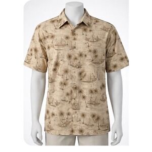Mens Tropical Palm Tree Sailboat Hawaiian Shirt Tan Short Sleeve Button Up Top